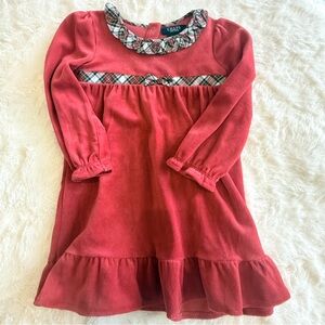 🎄 Chaps Red Ruffle Bow Christmas Velour Dress Sz 24 Months EUC AAA